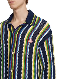 Striped Crocheted Cotton-Blend Long-Sleeve Top