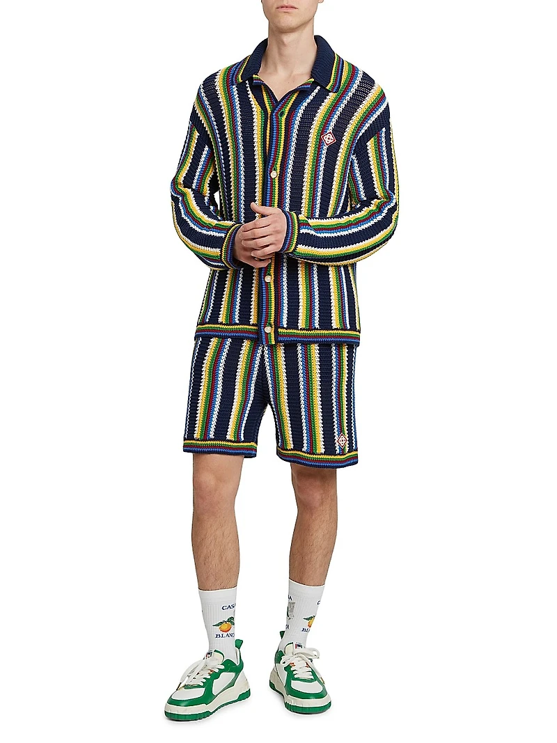 Striped Crocheted Cotton-Blend Long-Sleeve Top