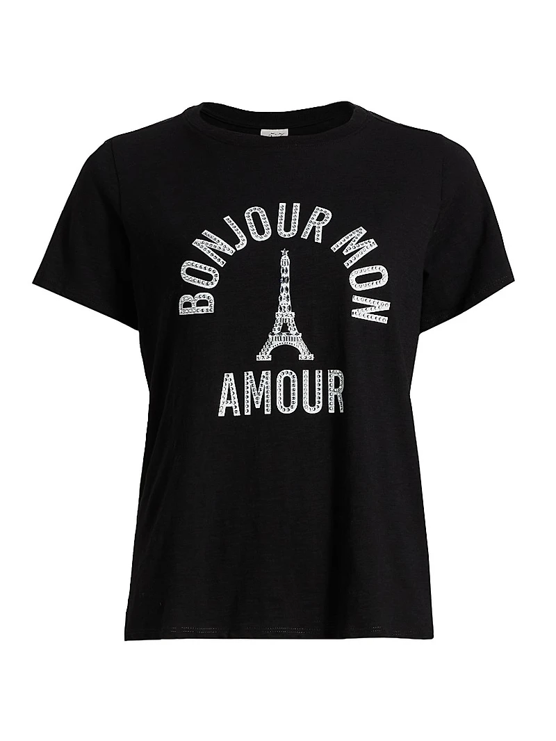 'Bonjour Mon Amour' Embellished Eiffel Tower Cotton T-Shirt