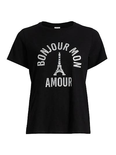 'Bonjour Mon Amour' Embellished Eiffel Tower Cotton T-Shirt
