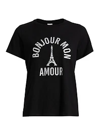 'Bonjour Mon Amour' Embellished Eiffel Tower Cotton T-Shirt
