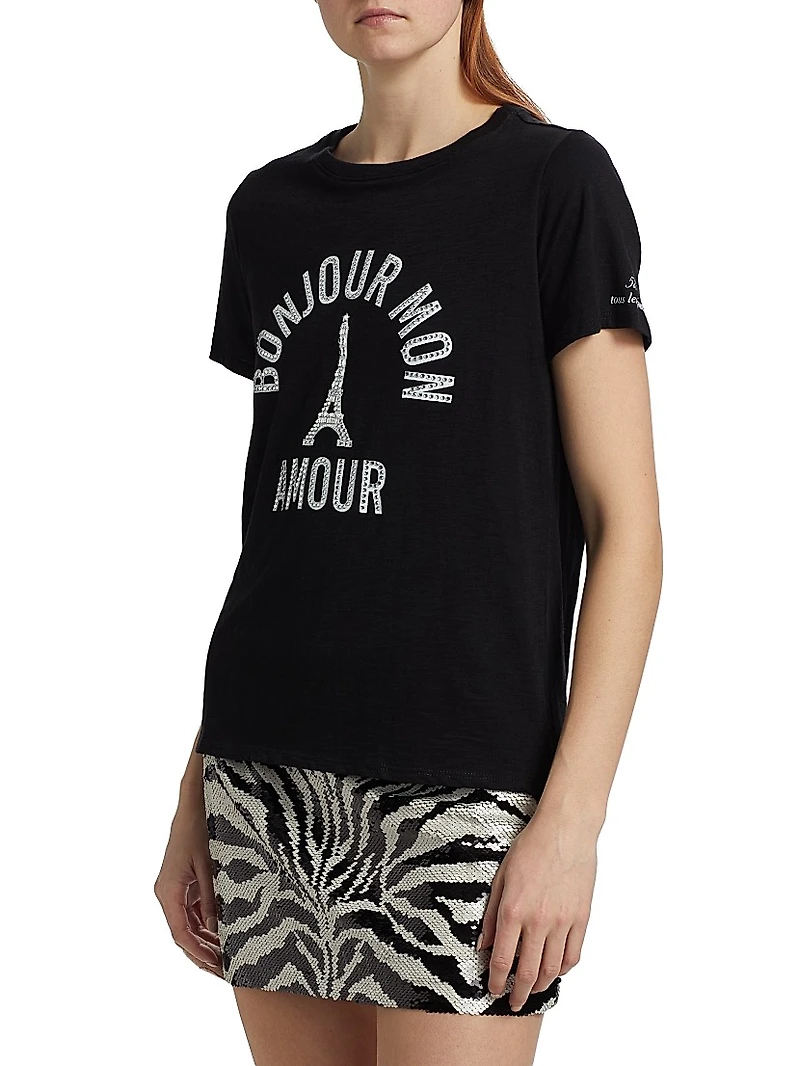 'Bonjour Mon Amour' Embellished Eiffel Tower Cotton T-Shirt