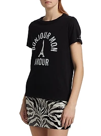 'Bonjour Mon Amour' Embellished Eiffel Tower Cotton T-Shirt