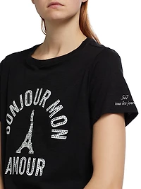 'Bonjour Mon Amour' Embellished Eiffel Tower Cotton T-Shirt