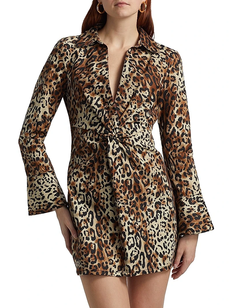 Mckenna Twist-Front Leopard Print Denim Minidress