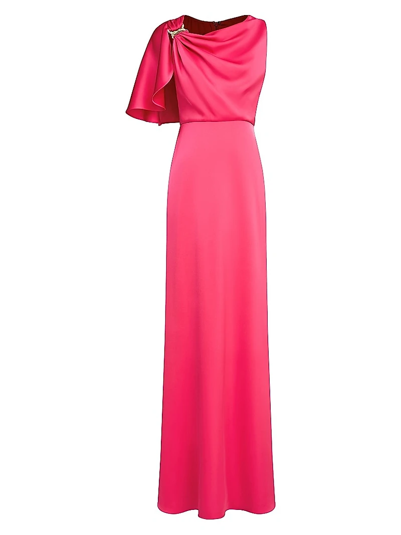 Darcie Satin Flutter-Sleeve Gown