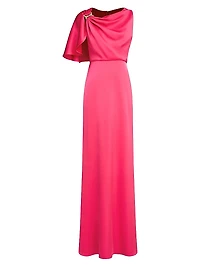 Darcie Satin Flutter-Sleeve Gown