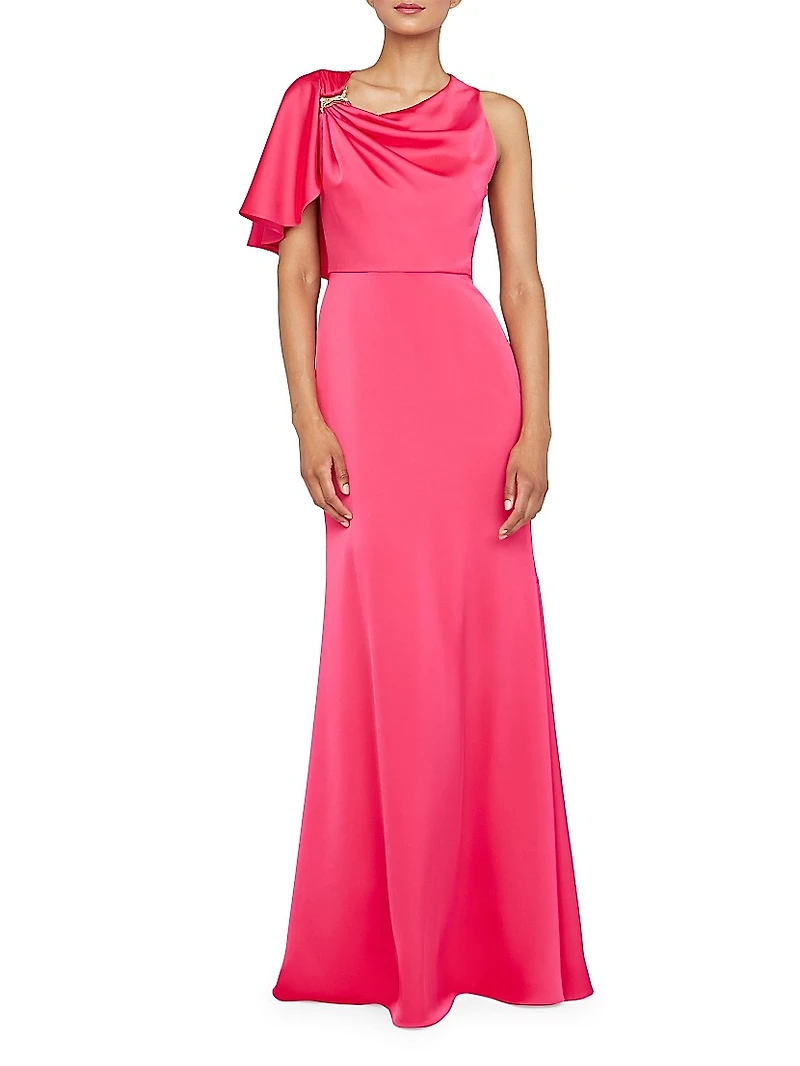 Darcie Satin Flutter-Sleeve Gown