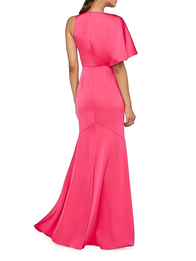 Darcie Satin Flutter-Sleeve Gown