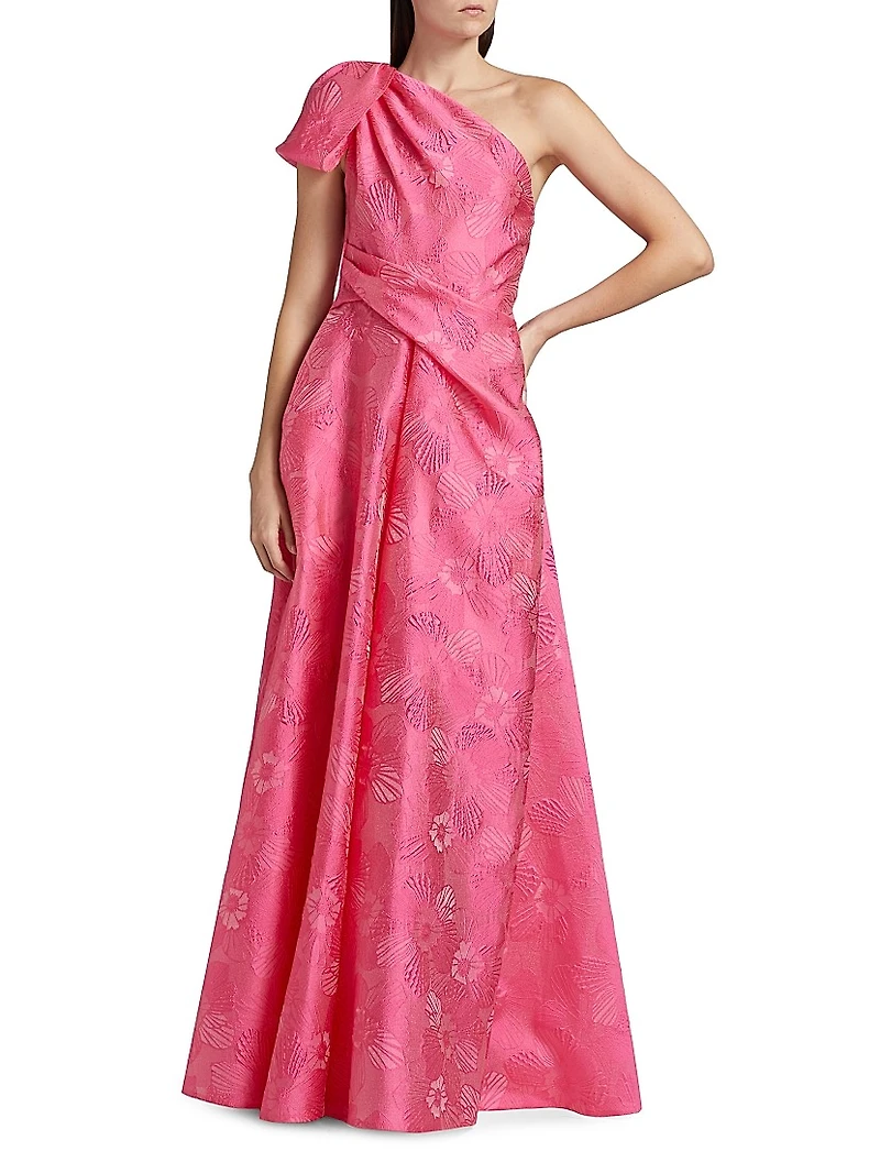 Floral Jacquard One-Shoulder Gown