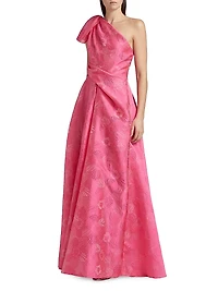 Floral Jacquard One-Shoulder Gown