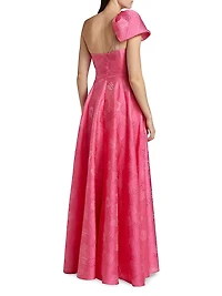Floral Jacquard One-Shoulder Gown