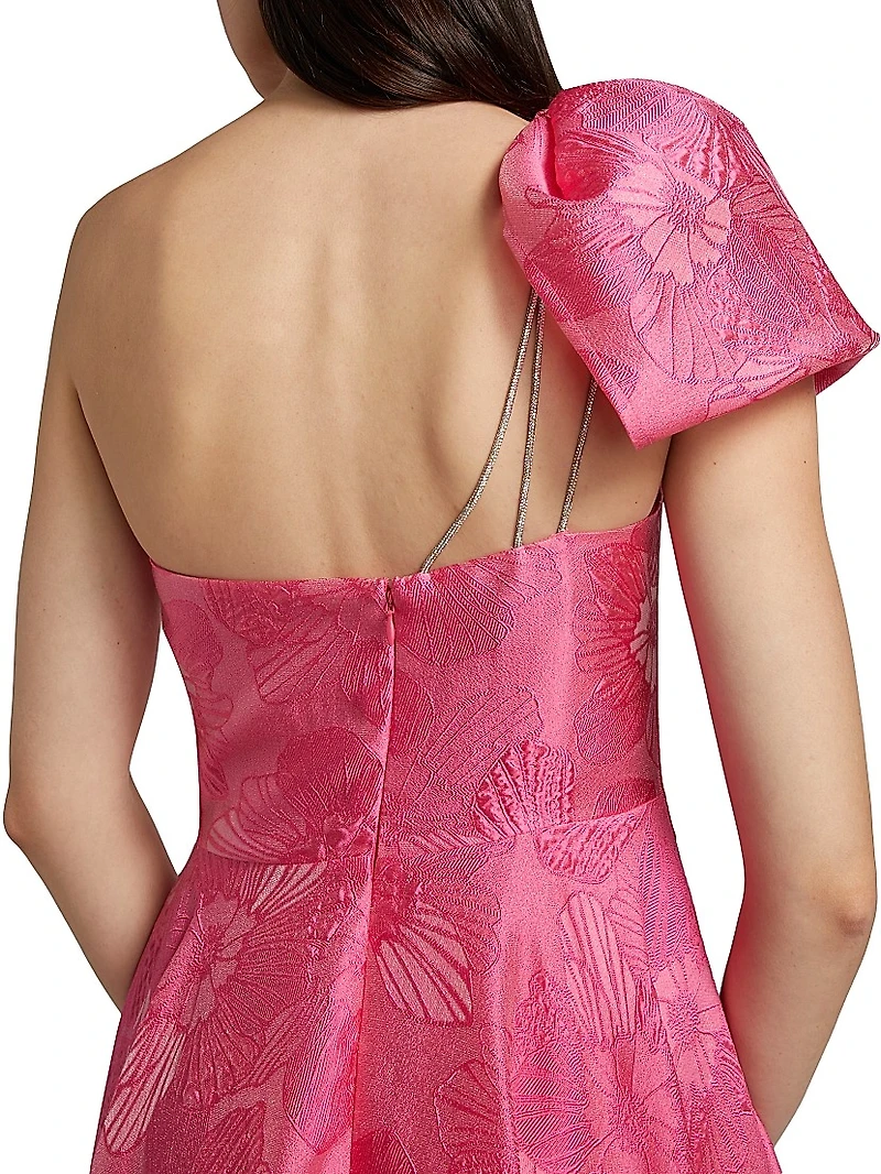 Floral Jacquard One-Shoulder Gown