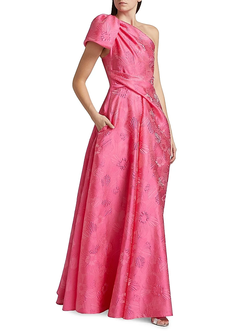 Floral Jacquard One-Shoulder Gown