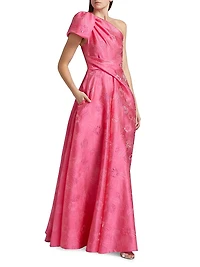 Floral Jacquard One-Shoulder Gown