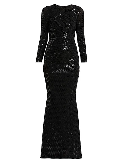 Foil Jersey Long-Sleeve Gown