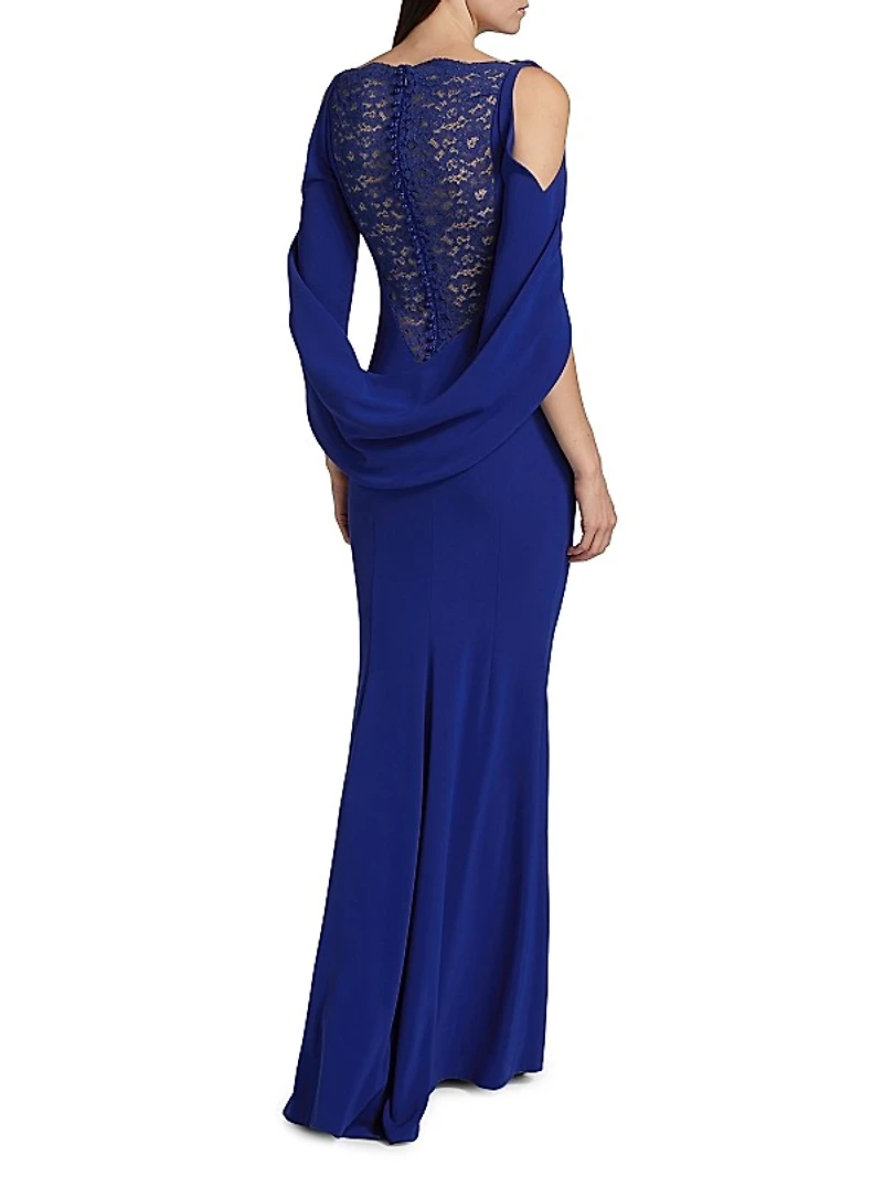 Floral Lace & Cady Cold-Shoulder Gown