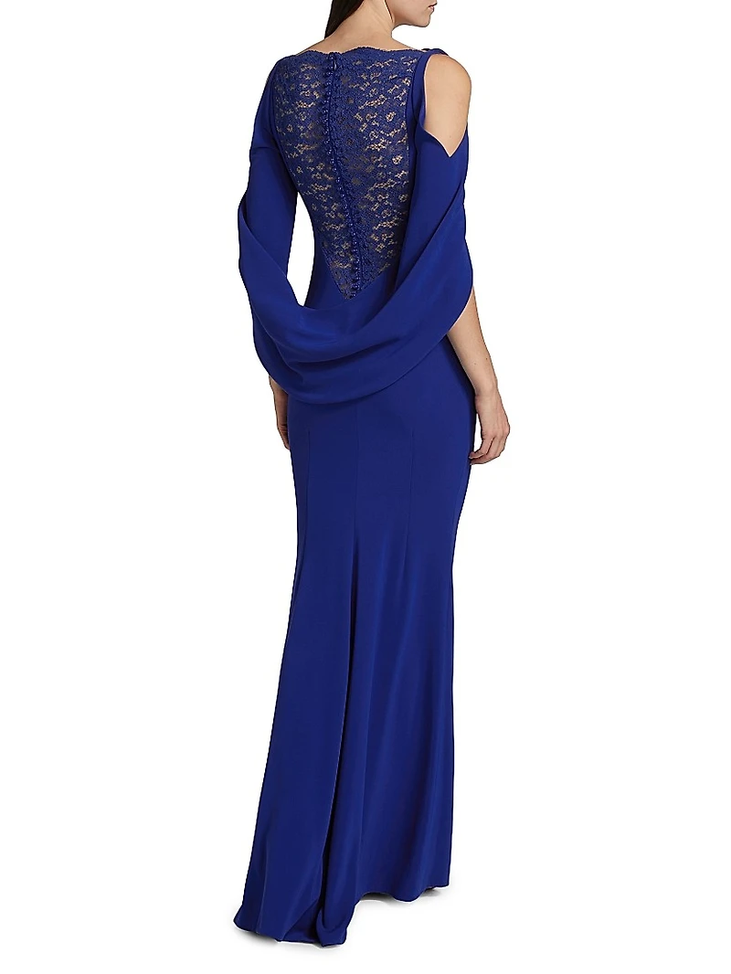 Floral Lace & Cady Cold-Shoulder Gown