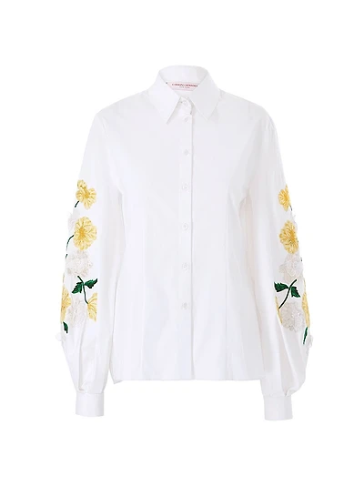 Embroidered Puff Sleeve Stretch Cotton Shirt