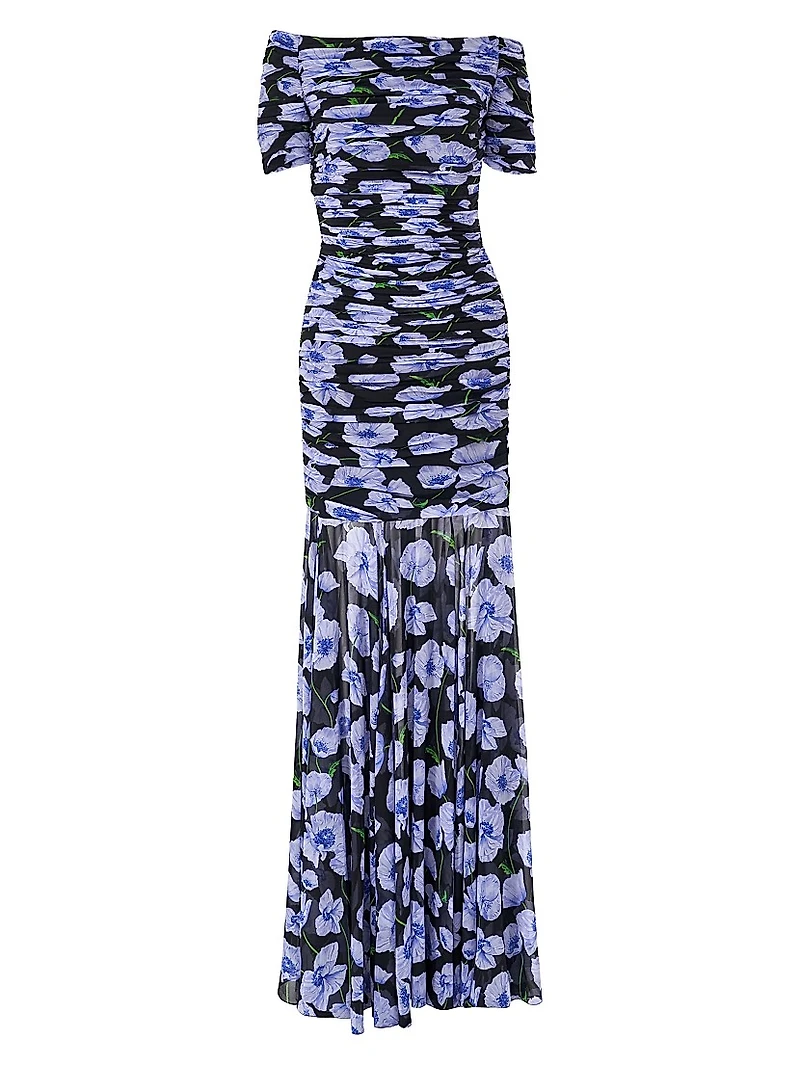 Gathered Short-Sleeve Off-The-Shoulder Gown