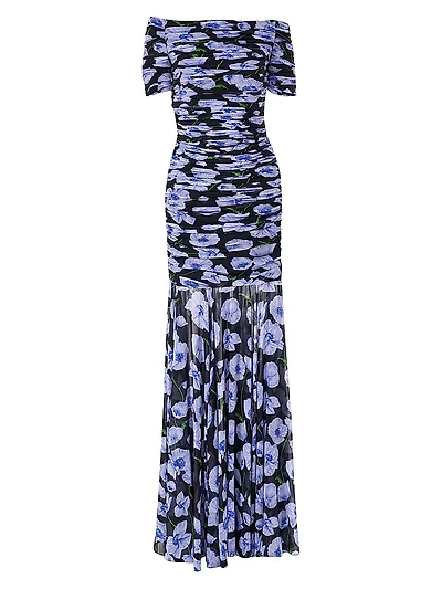 Gathered Short-Sleeve Off-The-Shoulder Gown