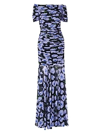 Gathered Short-Sleeve Off-The-Shoulder Gown