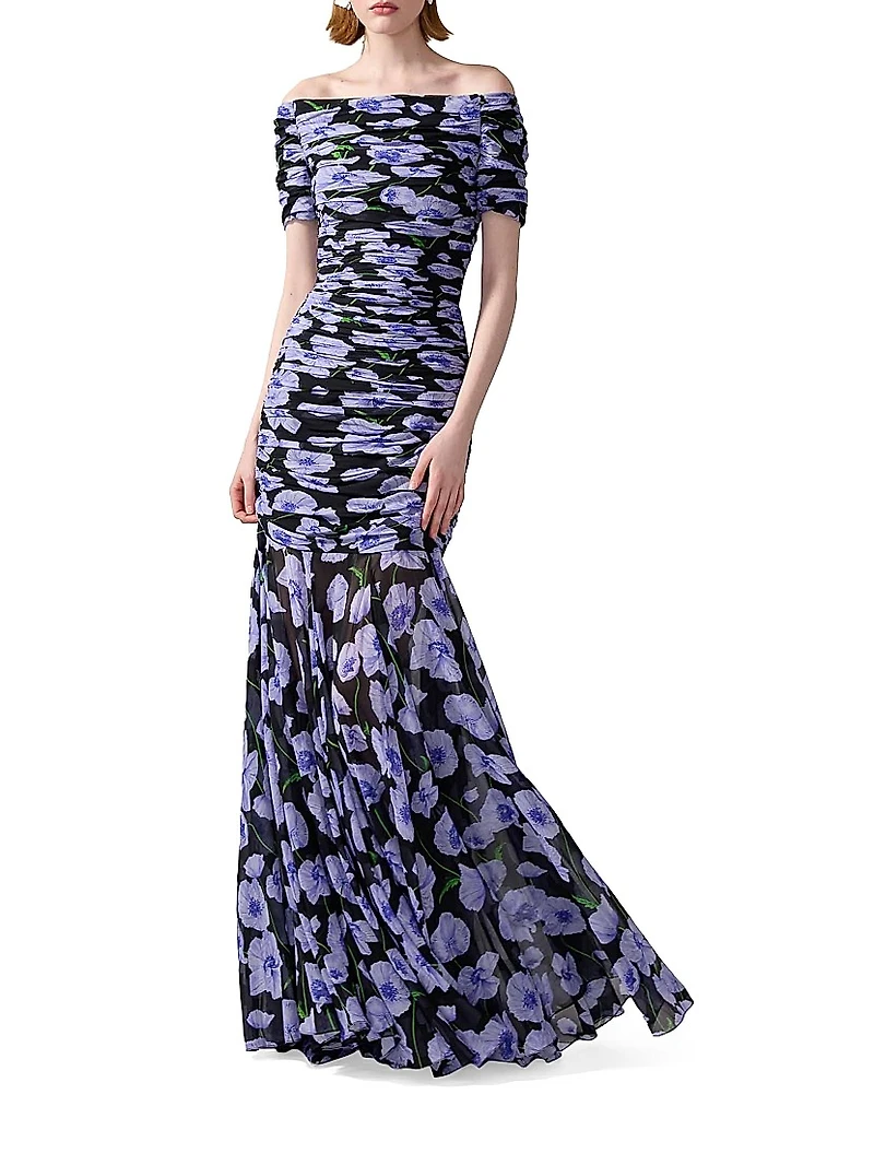 Gathered Short-Sleeve Off-The-Shoulder Gown