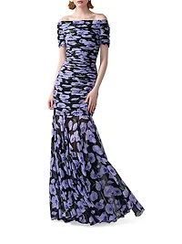 Gathered Short-Sleeve Off-The-Shoulder Gown