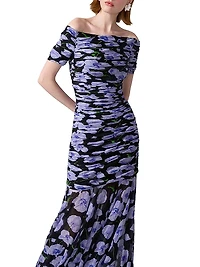 Gathered Short-Sleeve Off-The-Shoulder Gown