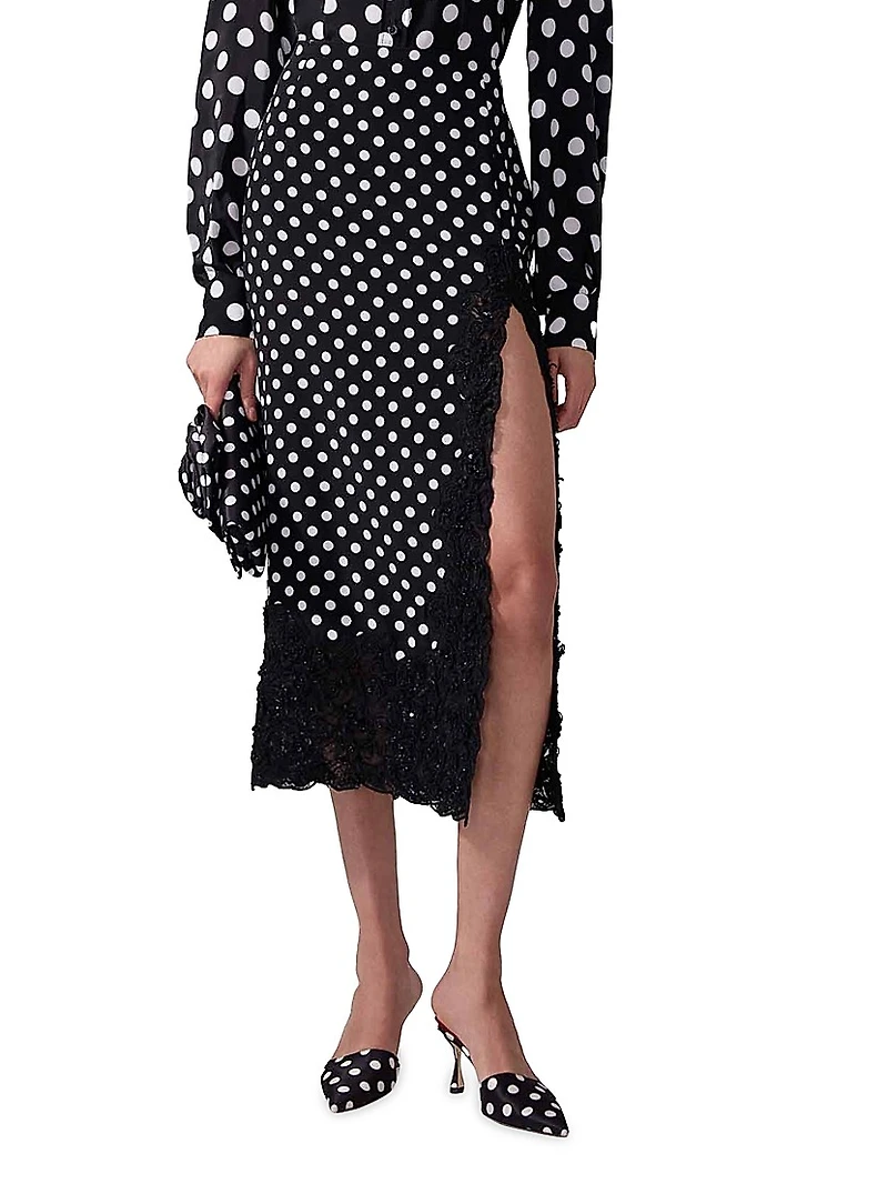 Polka Dot & Lace Trim Silk Midi-Skirt