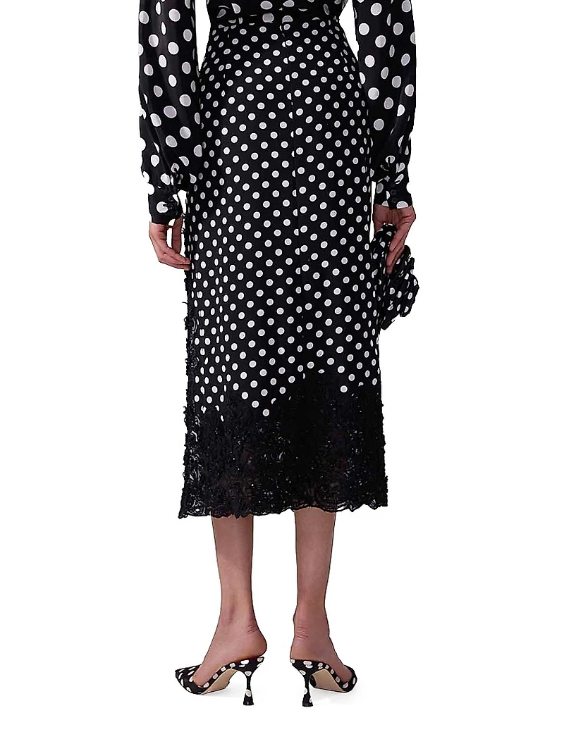 Polka Dot & Lace Trim Silk Midi-Skirt