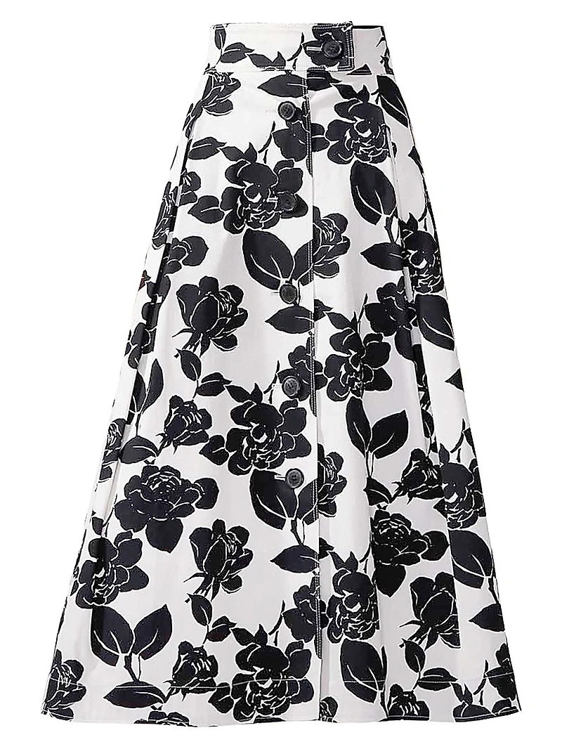 Floral Button-Front Midi-Skirt