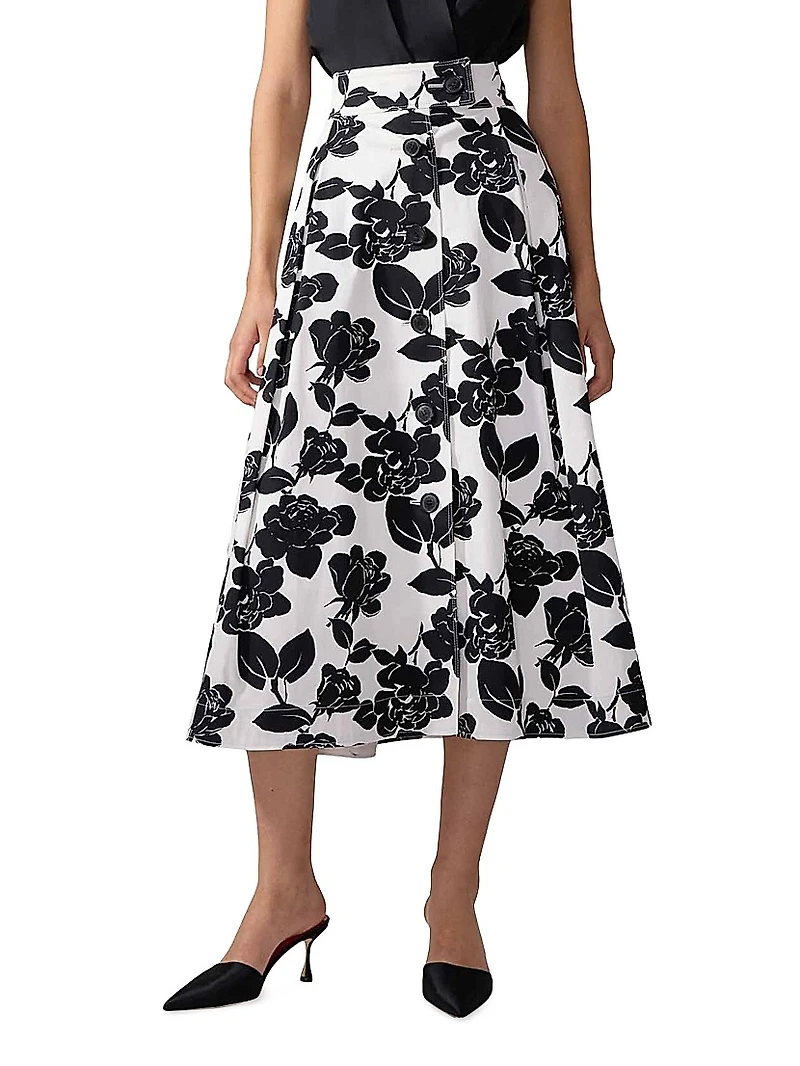 Floral Button-Front Midi-Skirt