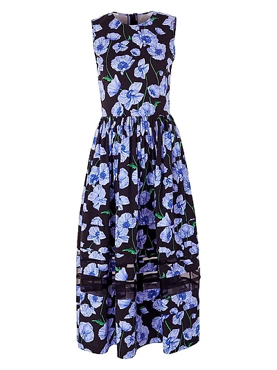 Floral & Mesh Stripe Sleeveless Midi-Dress