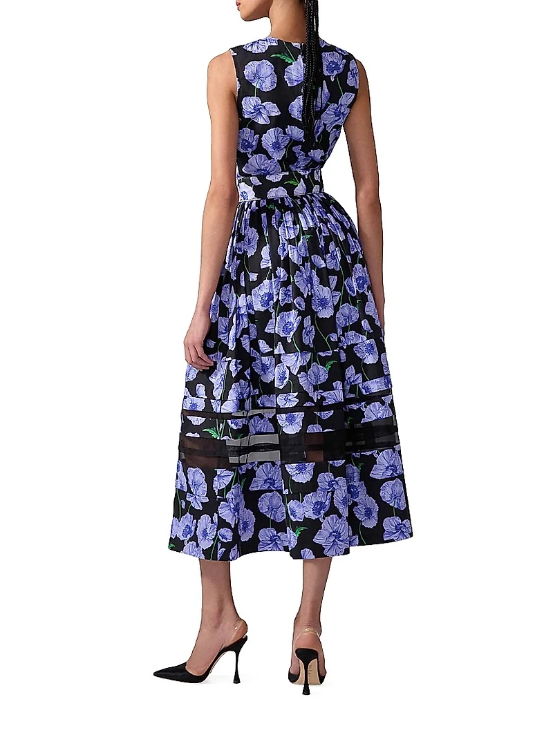 Floral & Mesh Stripe Sleeveless Midi-Dress