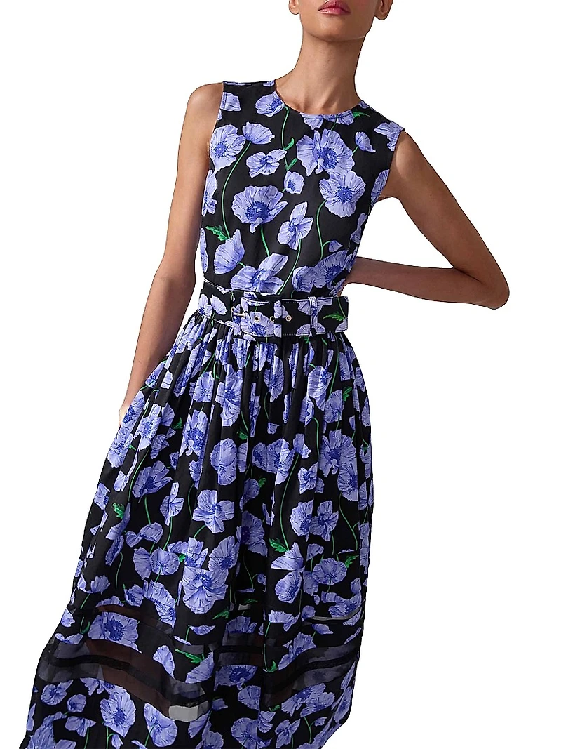 Floral & Mesh Stripe Sleeveless Midi-Dress