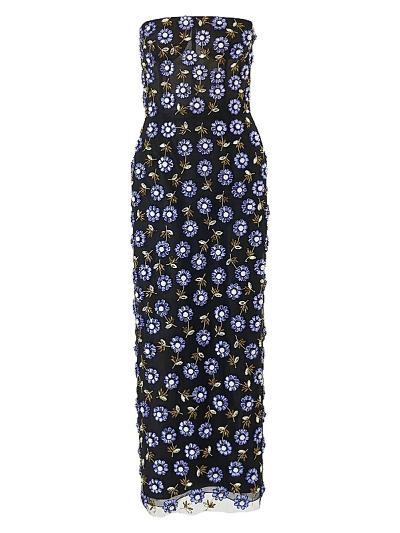 Embroidered Strapless Column Midi-Dress