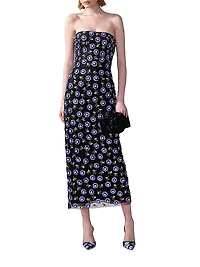 Embroidered Strapless Column Midi-Dress