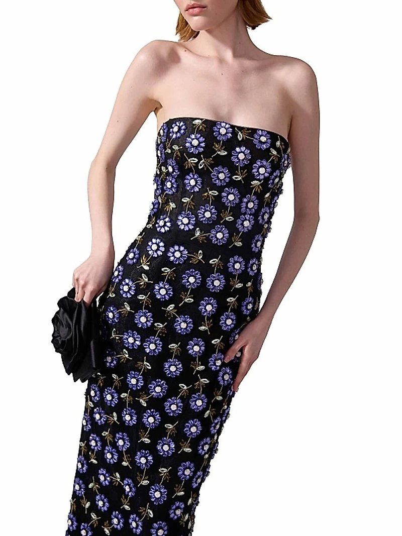 Embroidered Strapless Column Midi-Dress
