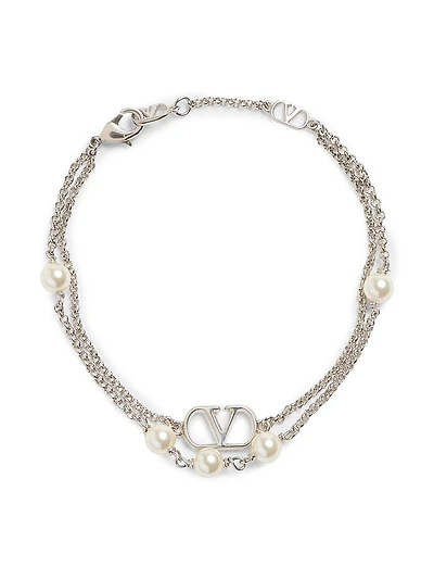 VLogo Signature Metal Bracelet with Swarovski Pearls