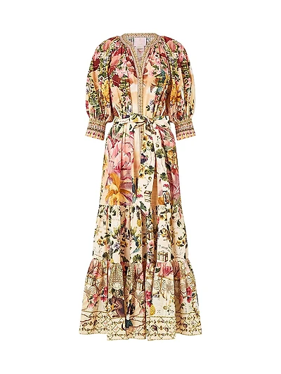 Camilla x White Lotus Tiered Puff-Sleeve Shirtdress
