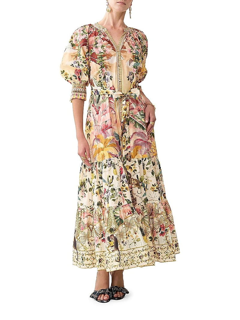 Camilla x White Lotus Tiered Puff-Sleeve Shirtdress