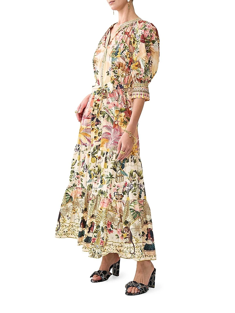 Camilla x White Lotus Tiered Puff-Sleeve Shirtdress
