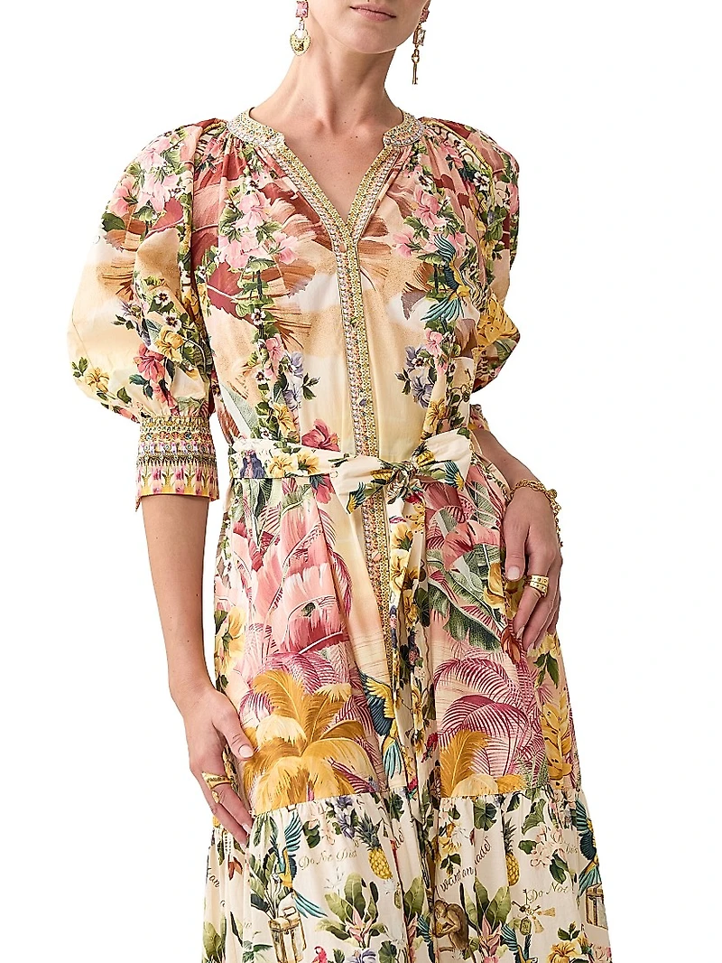 Camilla x White Lotus Tiered Puff-Sleeve Shirtdress