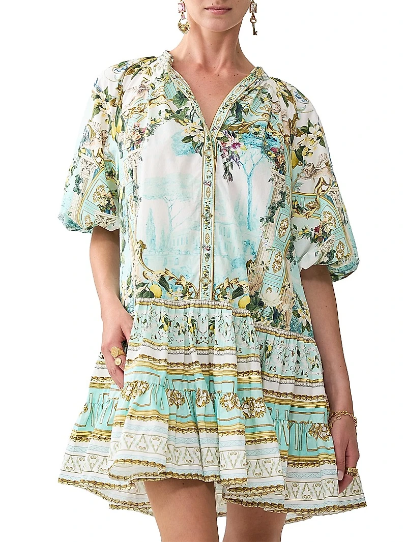 Camilla x White Lotus Printed Cotton Puff-Sleeve Shirtdress