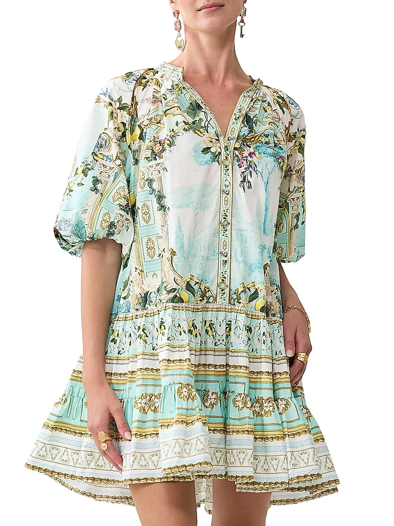 Camilla x White Lotus Printed Cotton Puff-Sleeve Shirtdress