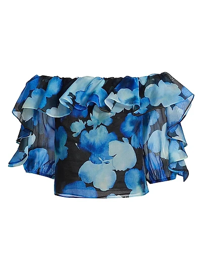 Watercolor Petals Ruffled Organza Off-The-Shoulder Top