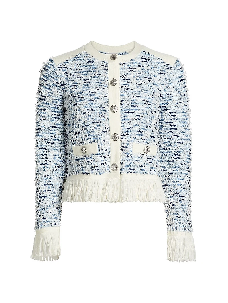 Fringe-Trimmed Tweed Cardigan Jacket