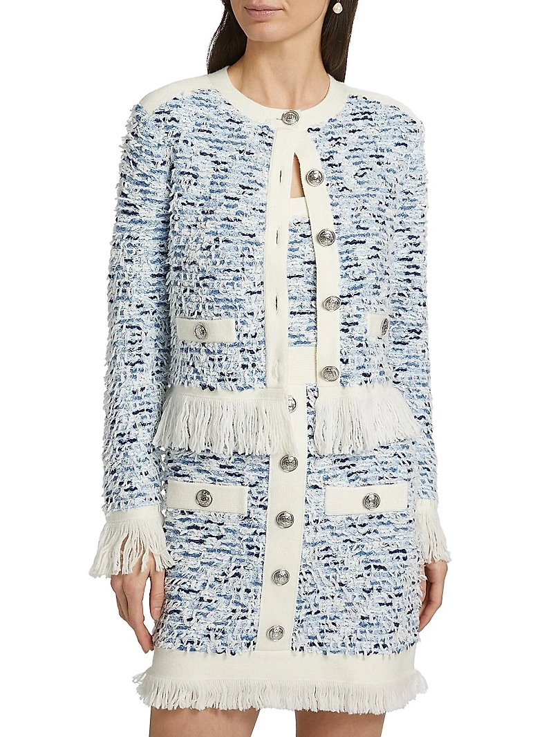 Fringe-Trimmed Tweed Cardigan Jacket
