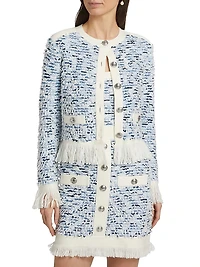 Fringe-Trimmed Tweed Cardigan Jacket